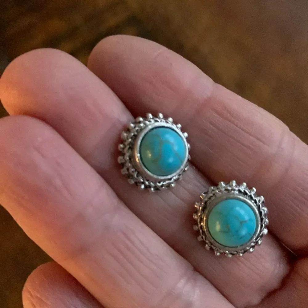 Men’s Western Turquoise Stud Earrings Southwest Indian Style Boho Ethnic Tribal